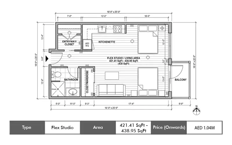 Danube Serenz Flex Studio floor plan, 421 sq ft area
