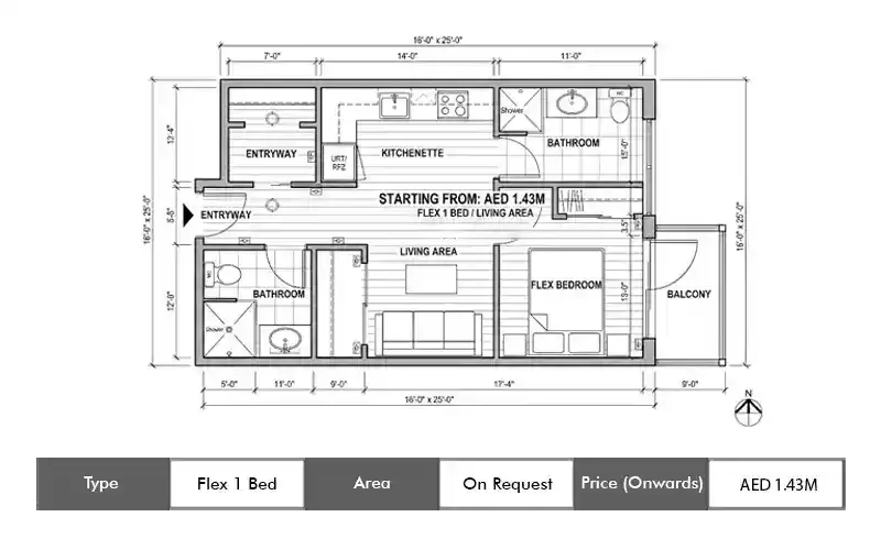 Danube Serenz Flex 1 Bed floor plan, sq ft area