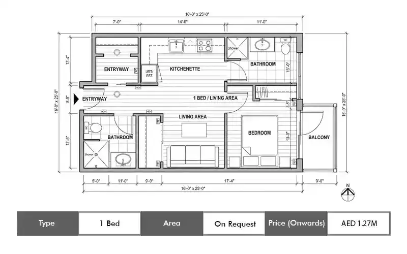 Danube Serenz 1 Bed floor plan, sq ft area