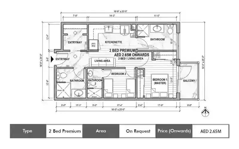 Danube Serenz 2 Bed Premium floor plan, sq ft area