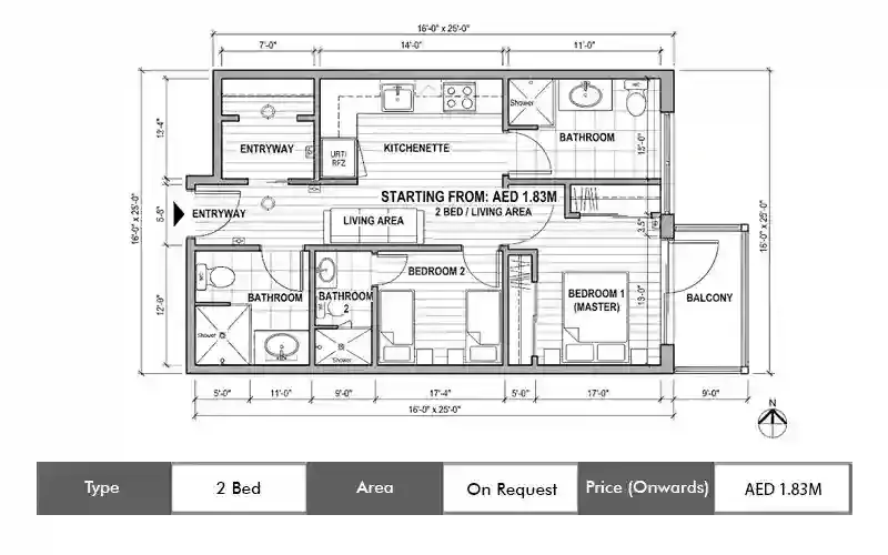 Danube Serenz 2 Bed floor plan, sq ft area